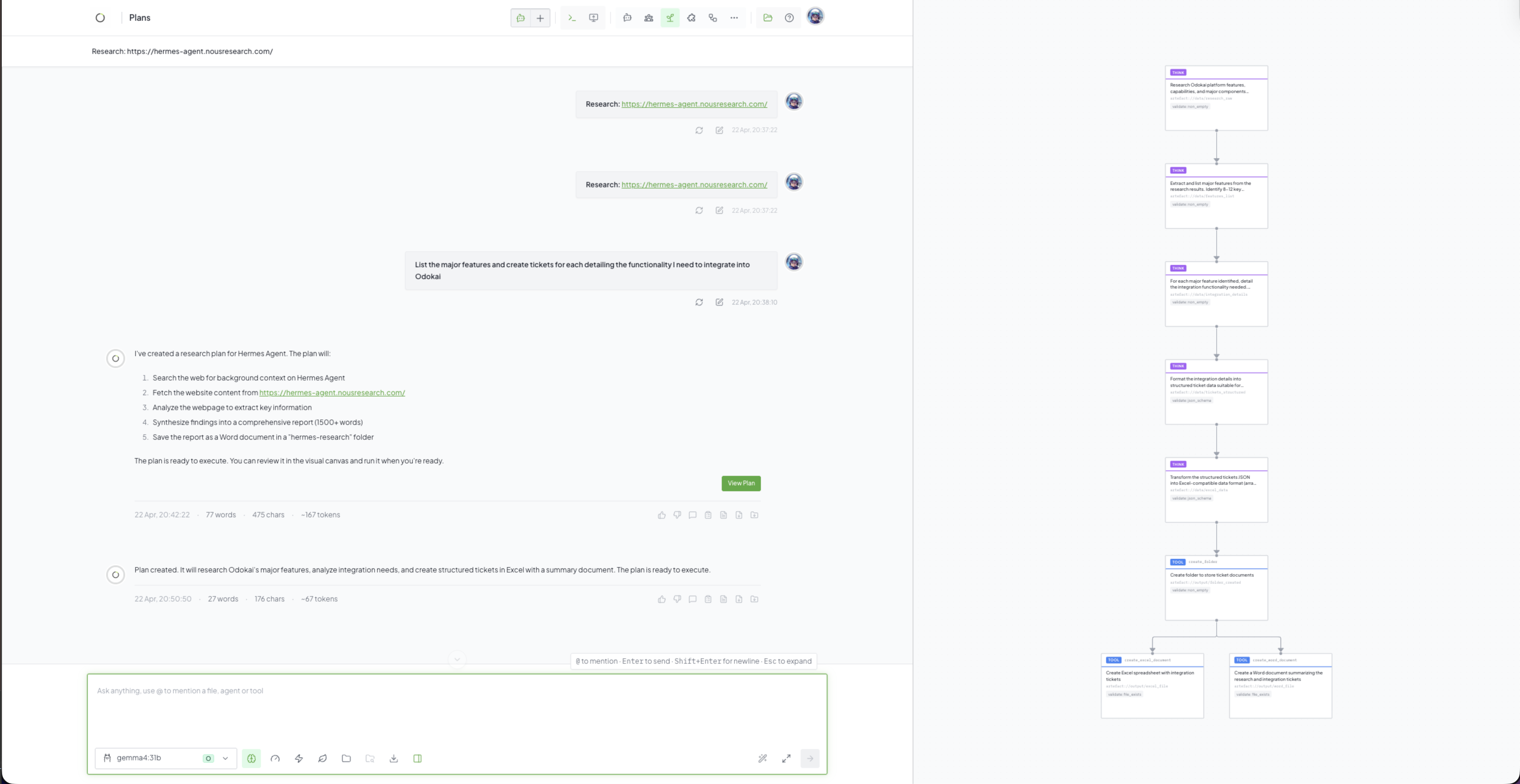 Odokai plans canvas executing a complex business workflow generated by an agent