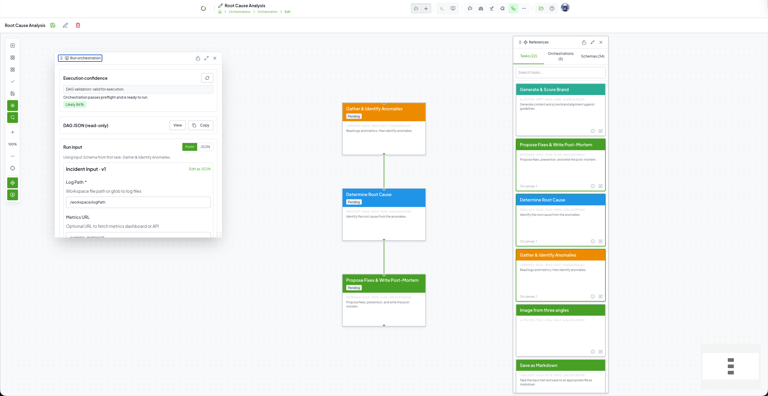 Odokai orchestration canvas with agent-connected nodes for repeatable, automated work