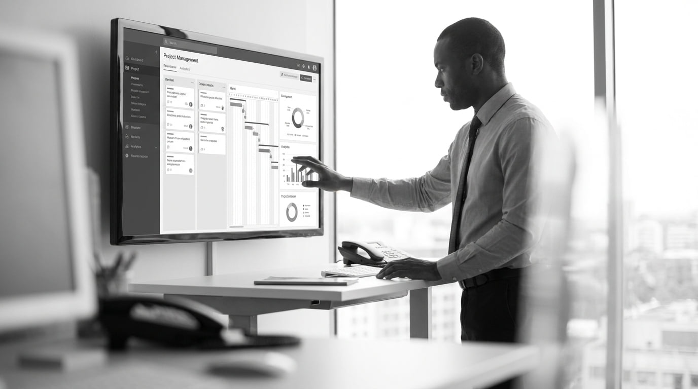 A professional comparing platform dashboards on a large office display
