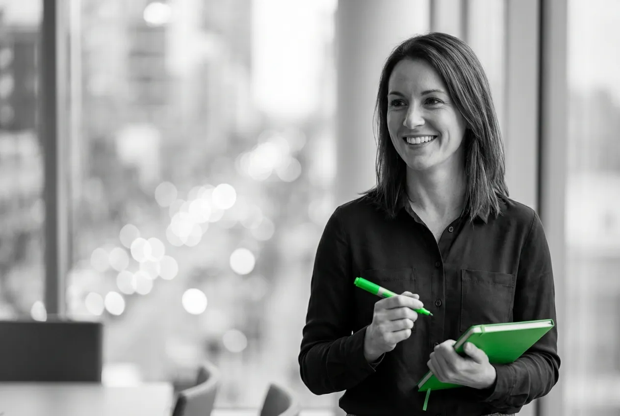 Professional smiling in a city office holding a green notebook and pen