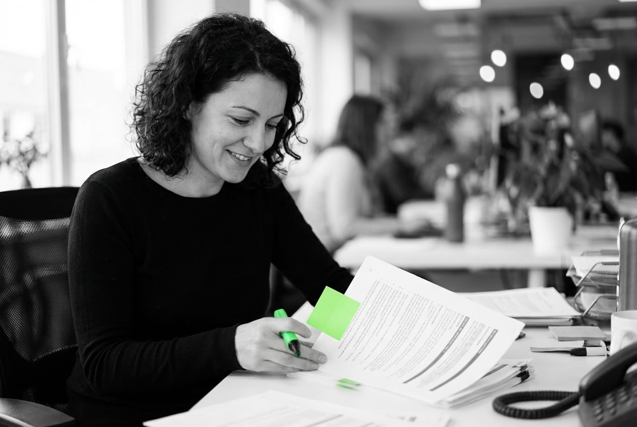 A professional working through a stack of documents at her desk