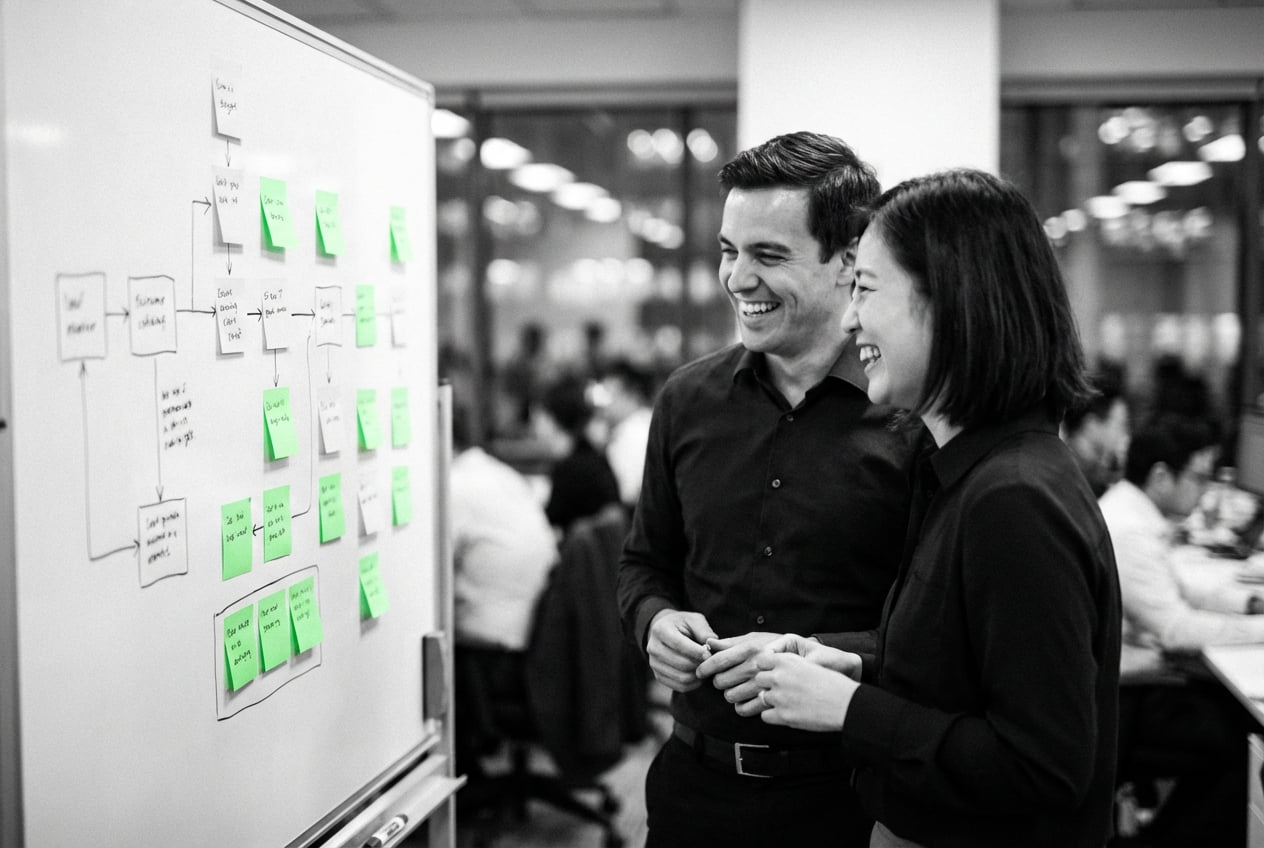 Two colleagues talking in front of a whiteboard mapped out with a workflow